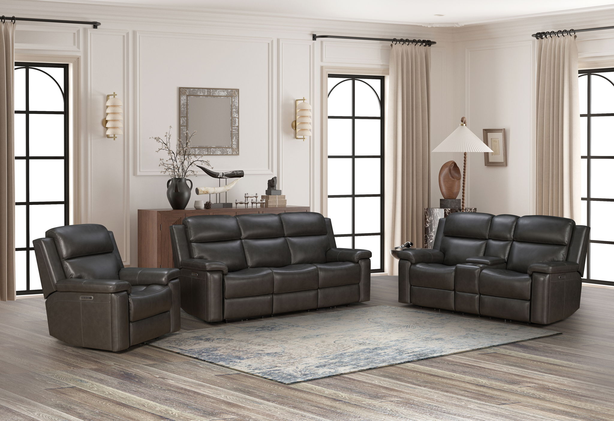 Leon - Power Console Loveseat Recliner With Power Headrest, Power Lumbar, Heat And Massage - Smokey Gray