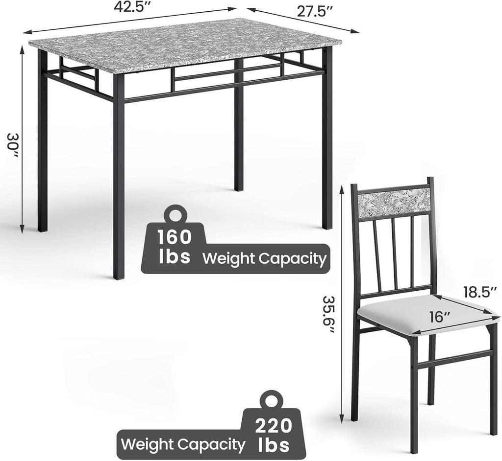 Grey Faux Marble Dining Table Set For 4 With Padded Chairs