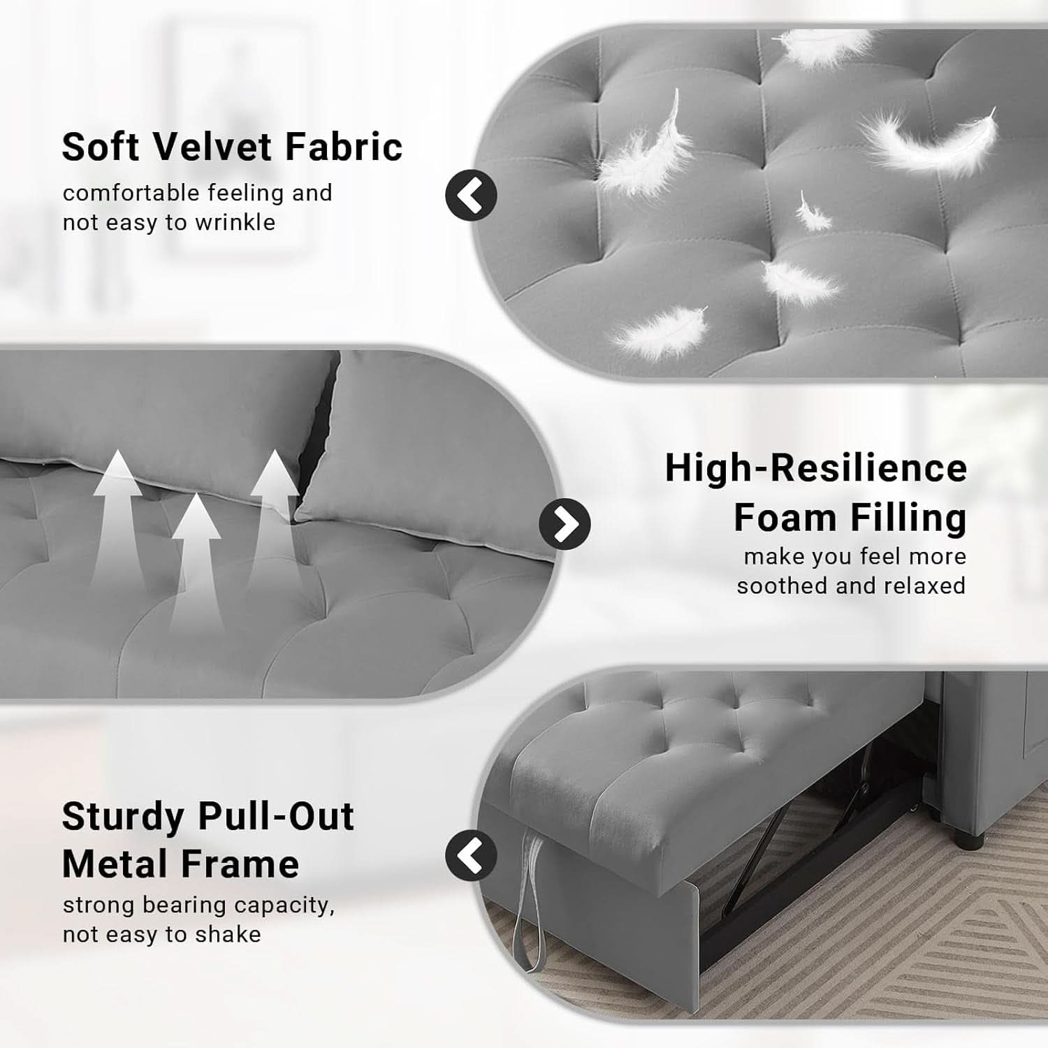 Grey Adjustable Backrest Convertible Sleeper Sofa Bed