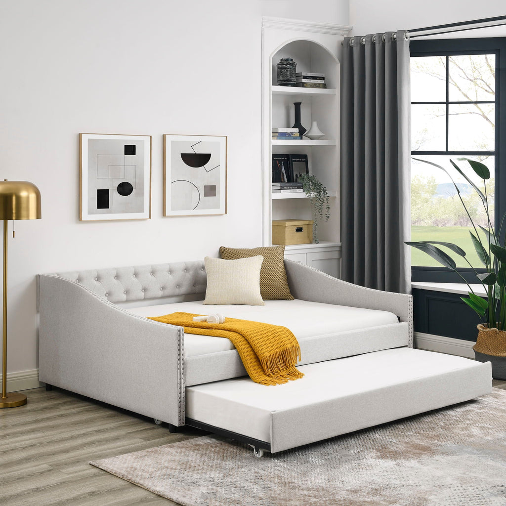 Upholstered Tufted Daybed With Drawers, Waved Arms