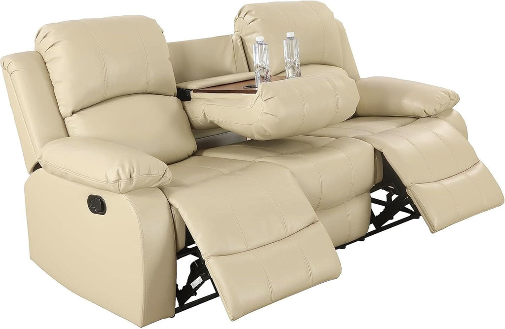 Beige 3 Seater Manual Reclining Sofa With Cup Holders