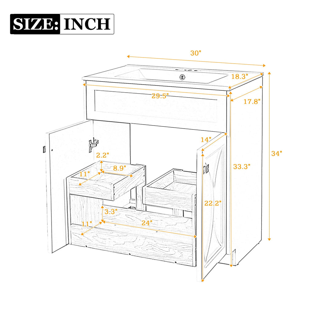 Bathroom Vanity With Sink, Freestanding Storage Cabinet With Handles, Soft Closing Doors