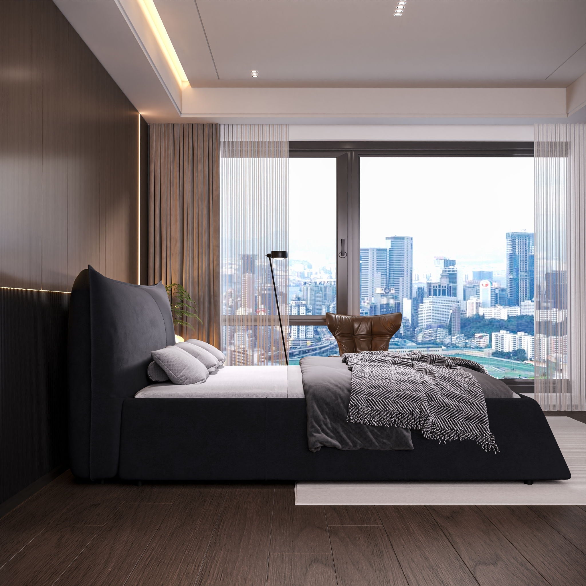 Upholstered Platform Bed With Special Shaped Headboard