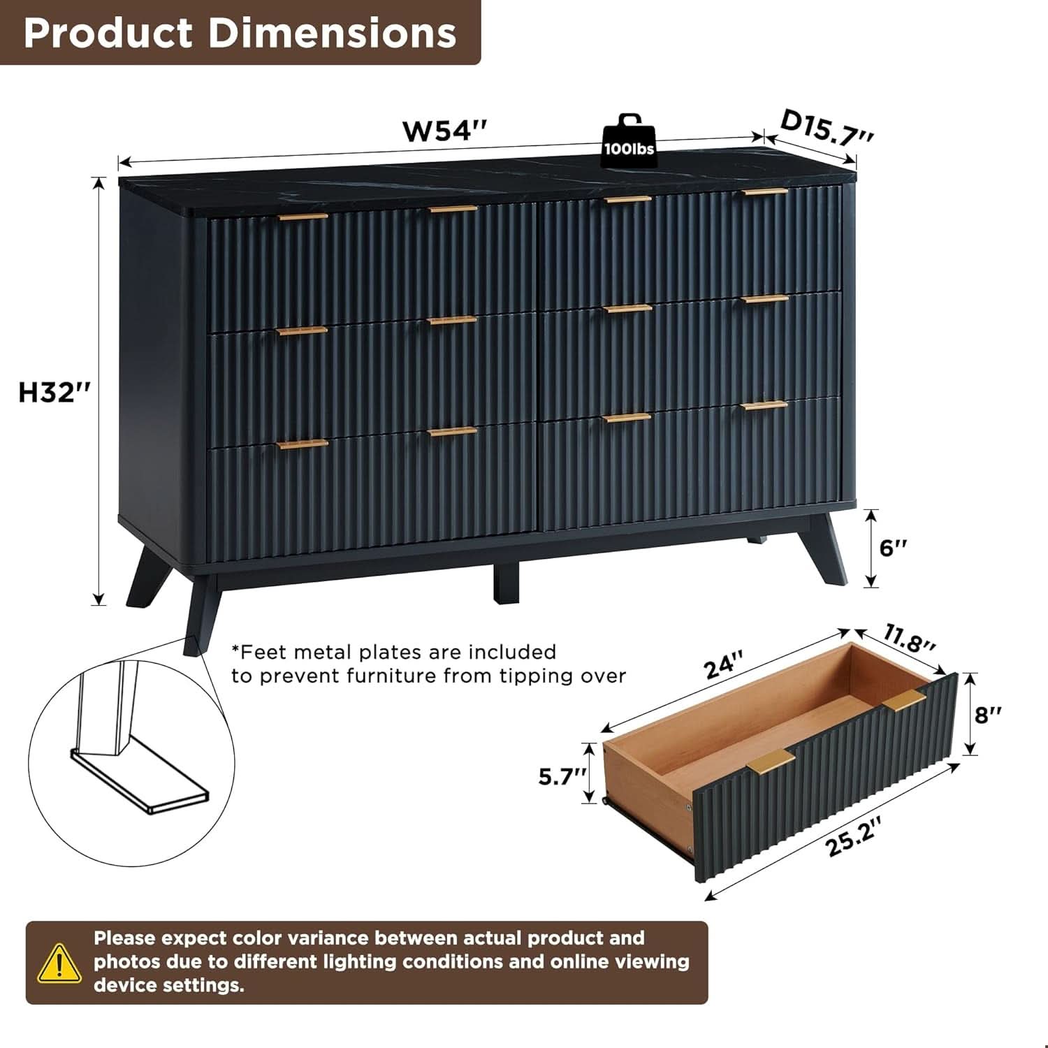 54 Inch Fluted Dresser With Dark Gray Faux Marble Top