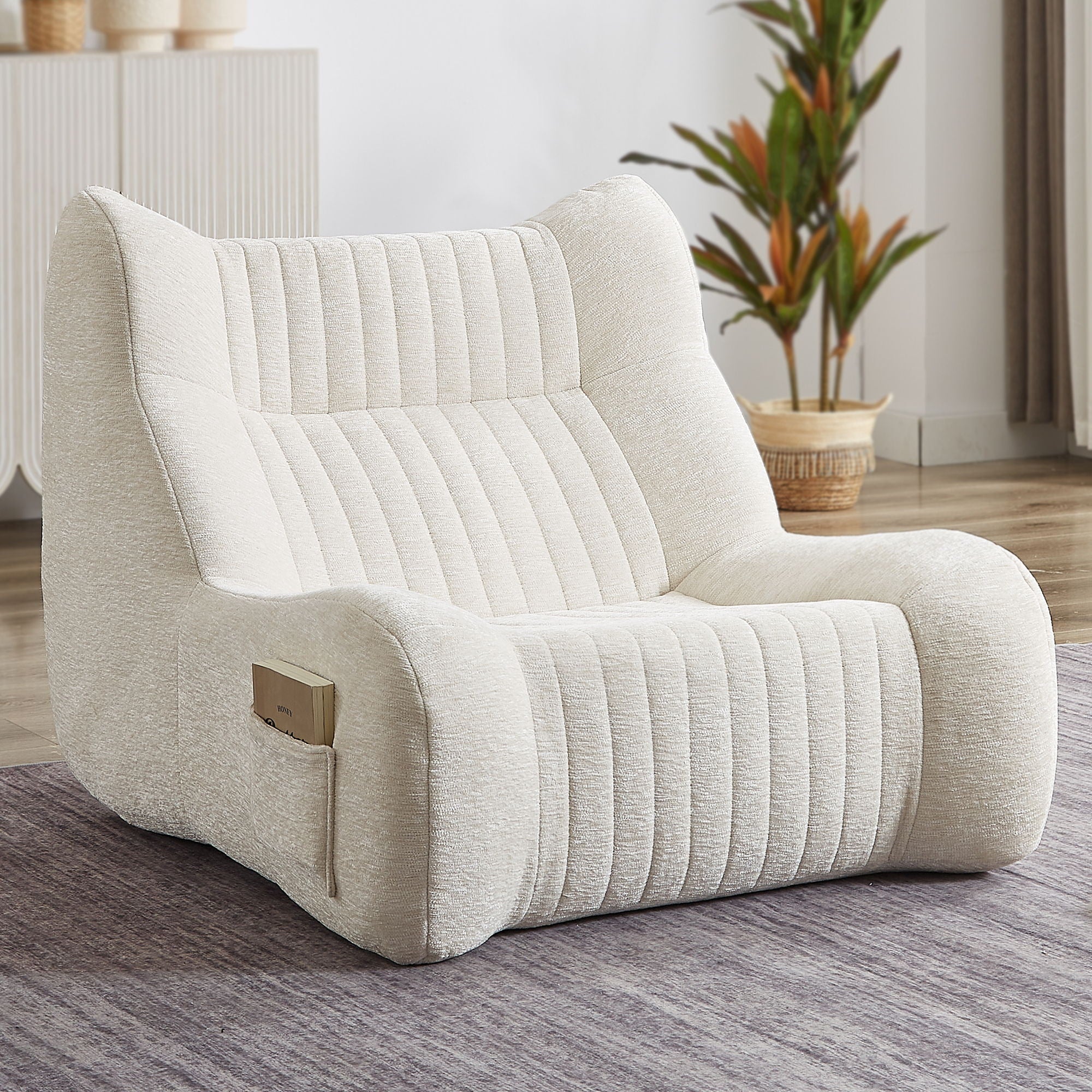 Bean Bag Chair For Adults, Lazy Floor Sofa Couch Memory Foam Bean Bag Sofas Chenille Fabric Reading Chair Comfortable Corner Lounge Sofa For Living Room - White