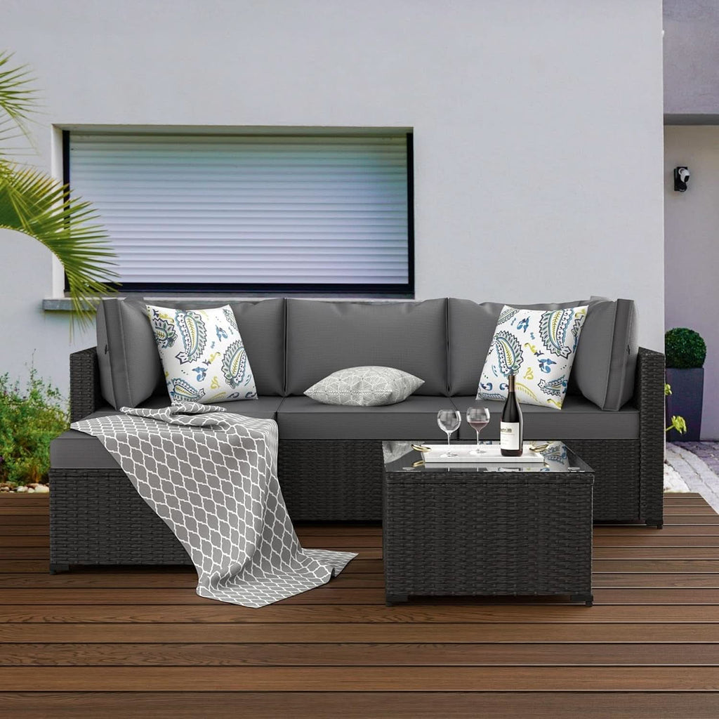 5 Piece Patio Furniture Set Waterproof Rattan Grey Cushions