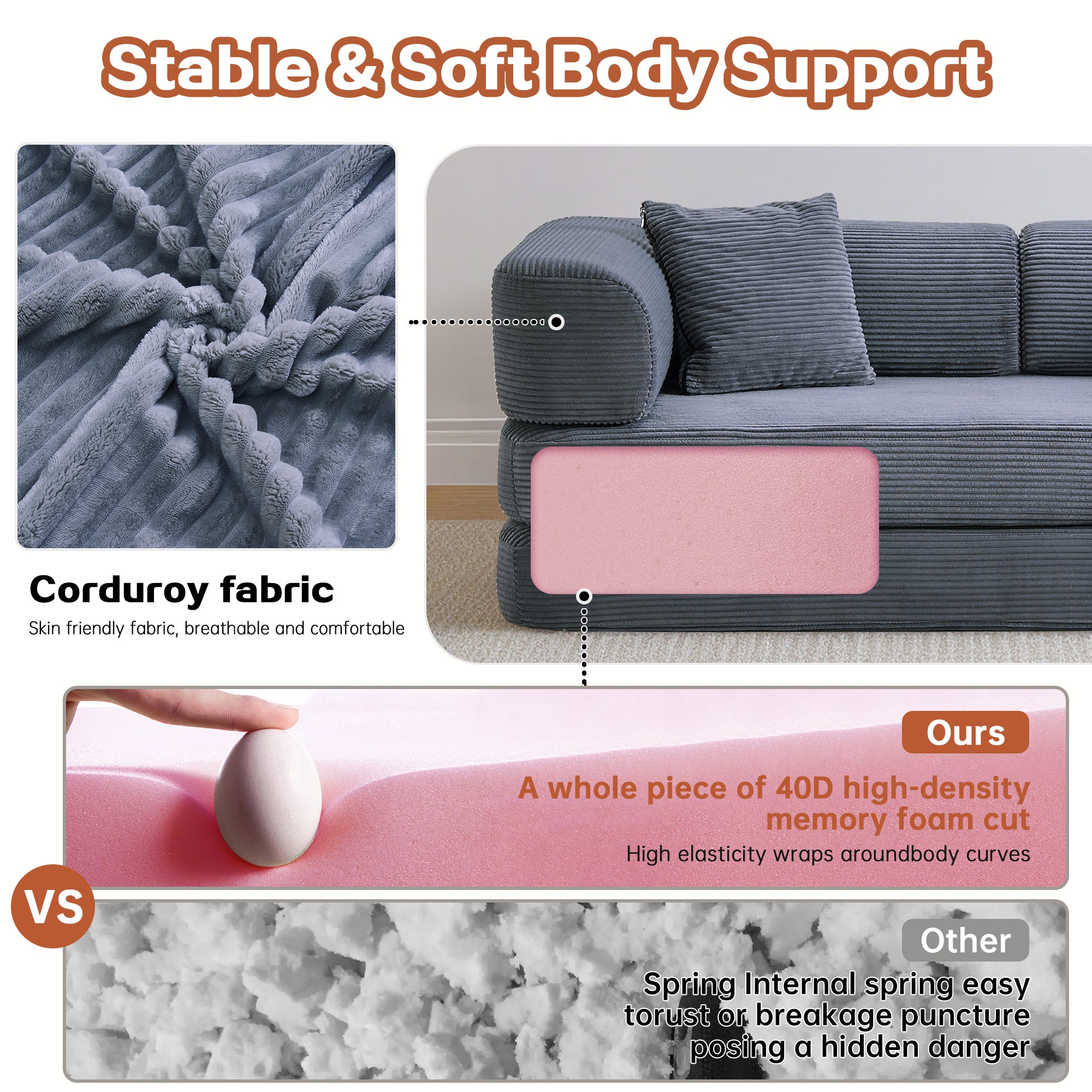 Sofa Bed Floor 5-in-1 Corduroy Gray Convertible Pillow Blanket 74.8 In