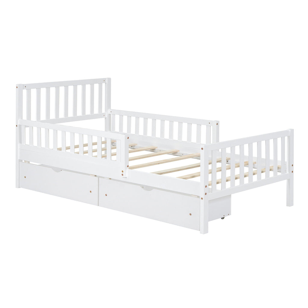 Platform Bed With Guardrails On Both Sides And 2 Storage Drawers