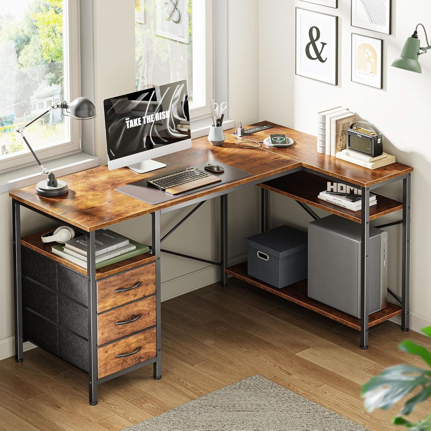 L Shaped Desk 47 Inch With Power Outlets For Home Office