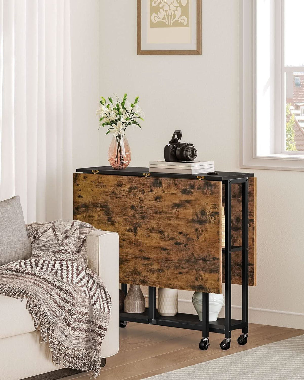 Rustic Brown Expandable Folding Dining Table With 6 Wheels