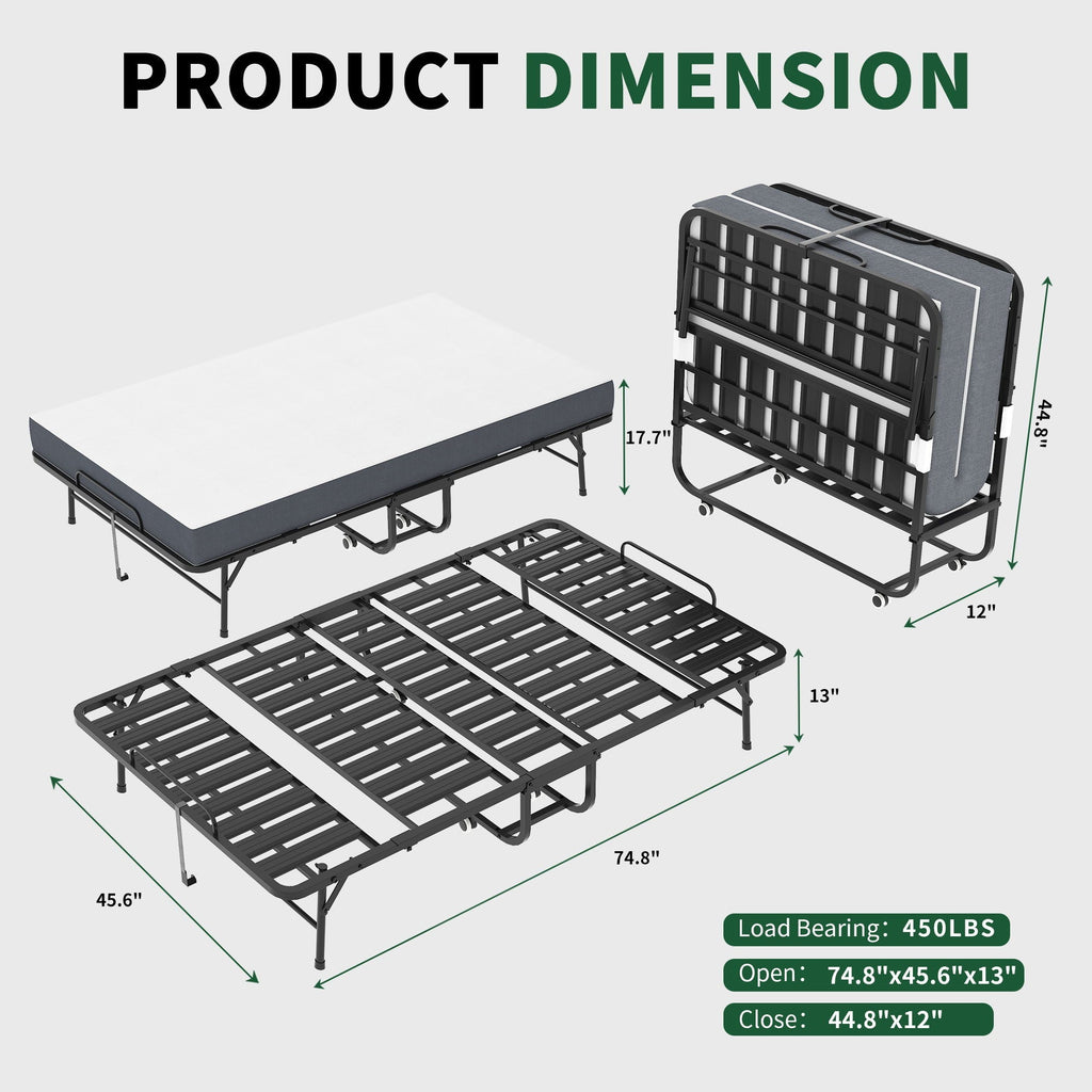 Twin Wide Folding Bed for Tall People with Memory Foam Mattress