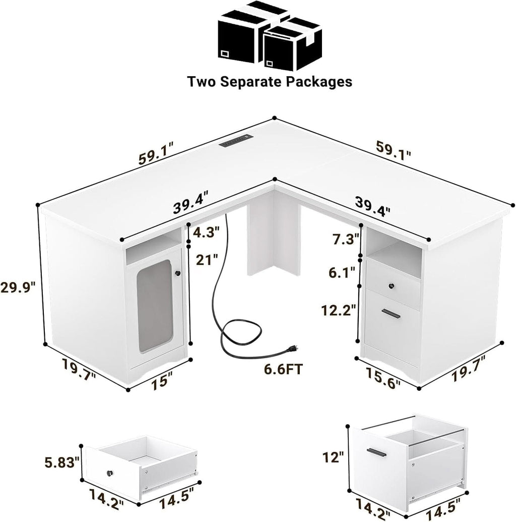 L Shaped Computer Desk with Power Outlets and USB Ports
