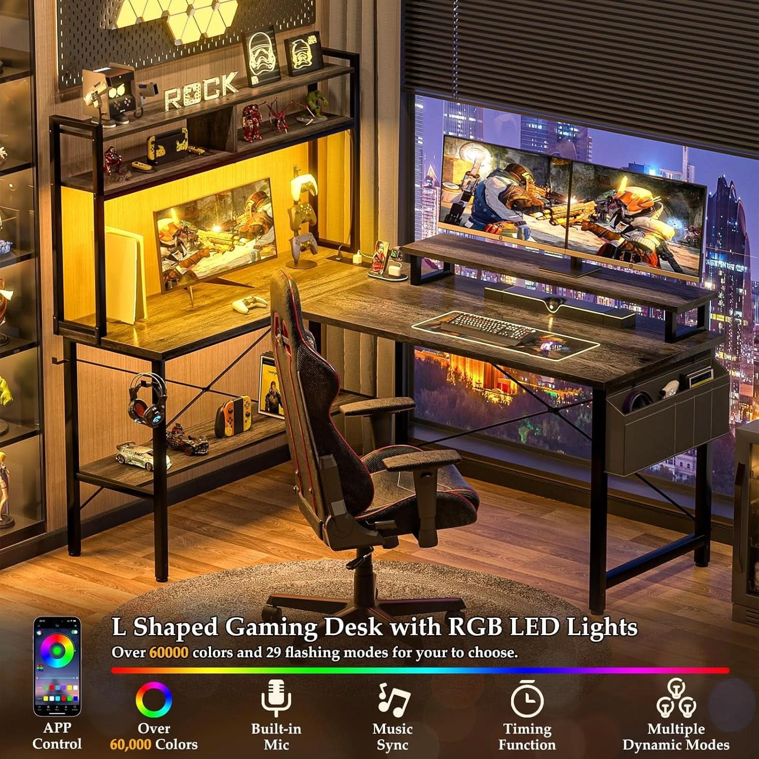 L Shaped Gaming Desk With Power Outlets And Grey Oak