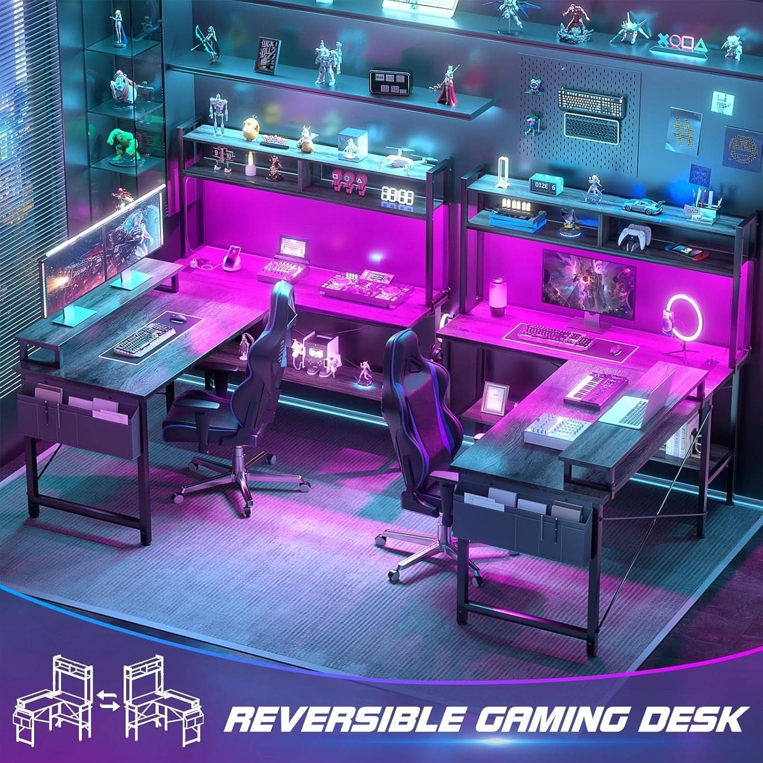 L Shaped Gaming Desk With Power Outlets And Grey Oak