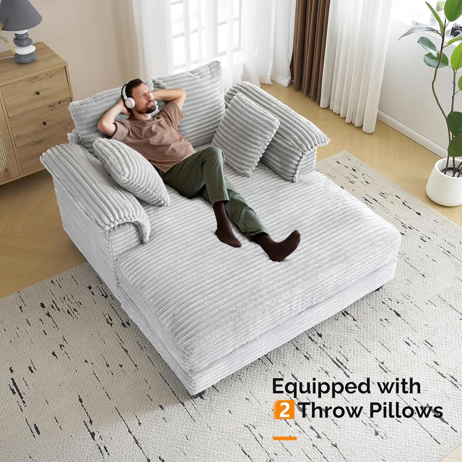 Oversized Light Grey Chaise Lounge Chair with Pillows