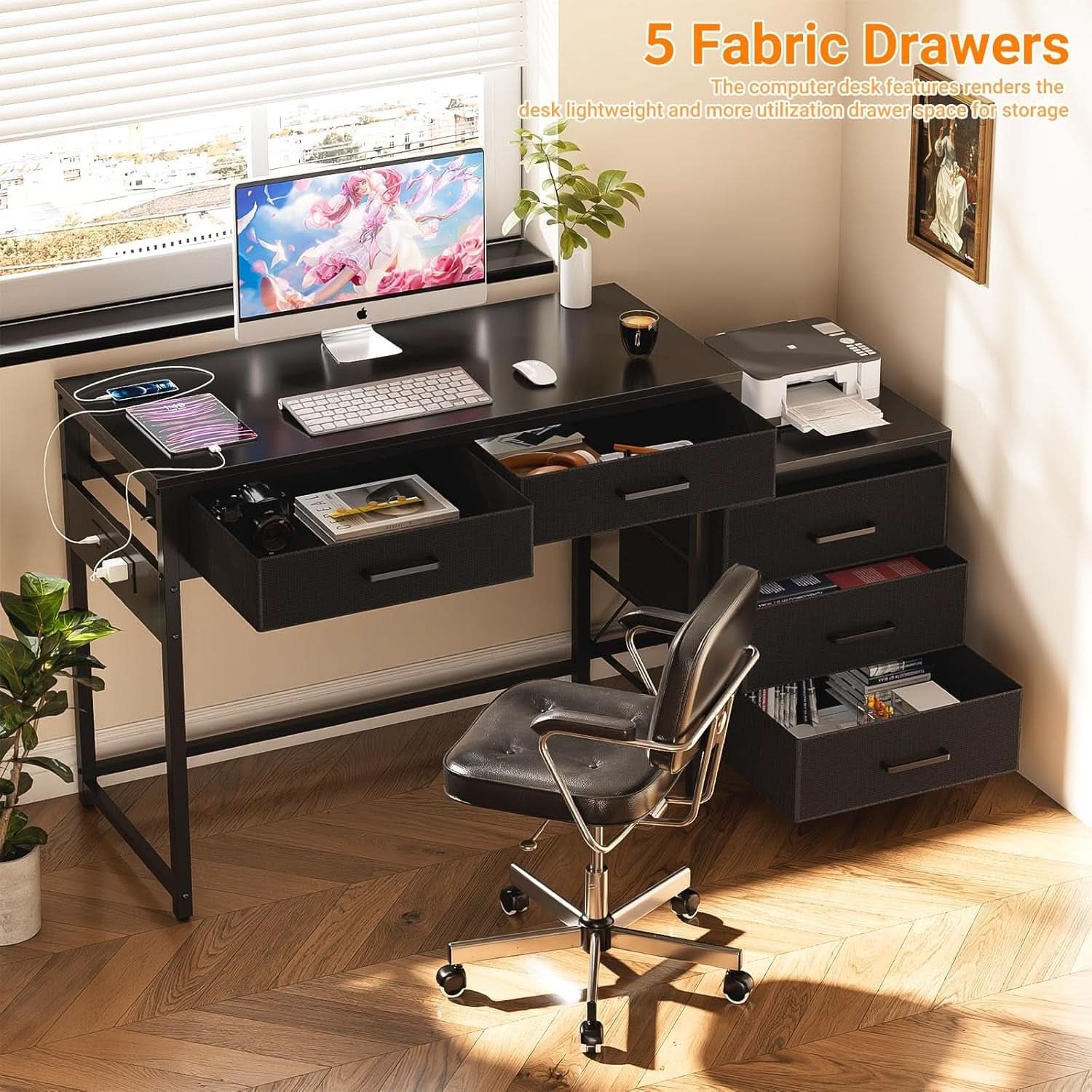Reversible Computer Desk With Drawers And USB Ports
