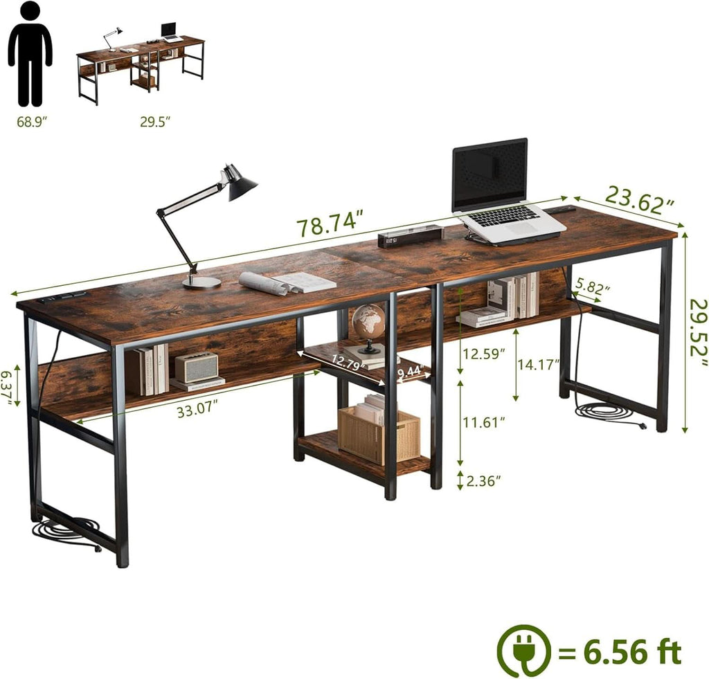 Spacious Two Person Desk with Power Strips and Shelves